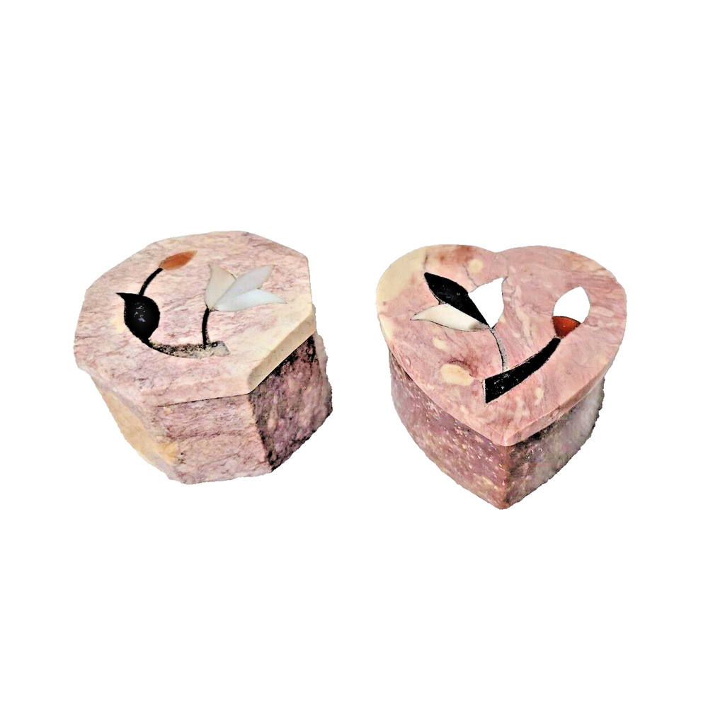 Set 2 Vintage Fetco Stone Marble Trinket Boxes Heart Tulip Flower Inlay Pearl